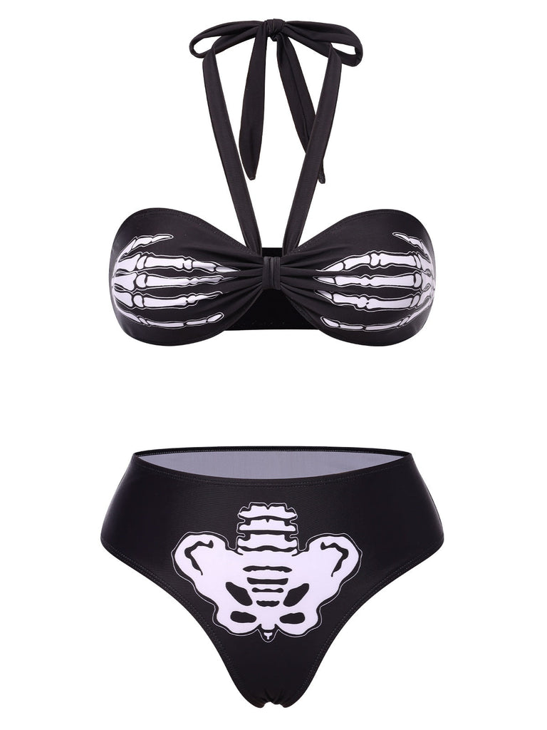 Set bikini mano scheletro scollo all'americana nero anni '70