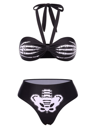Set bikini mano scheletro scollo all'americana nero anni '70