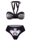 Set bikini mano scheletro scollo all'americana nero anni '70