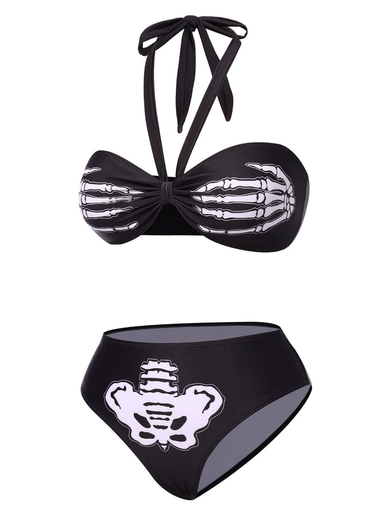 Set bikini mano scheletro scollo all'americana nero anni '70
