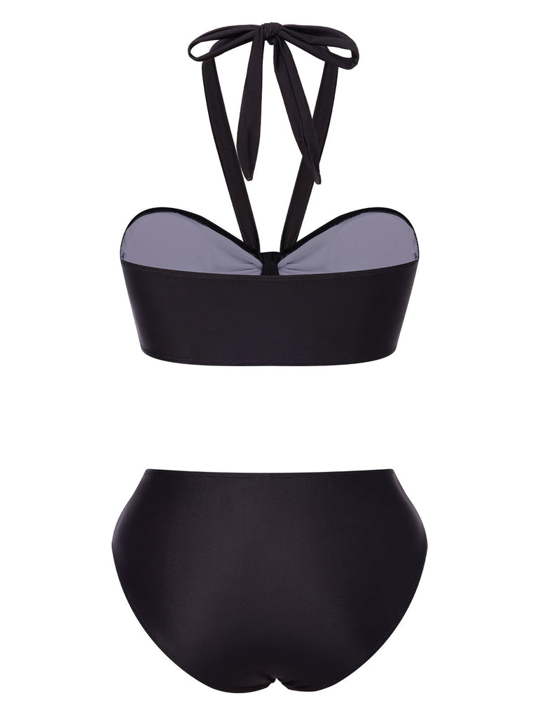 Set bikini mano scheletro scollo all'americana nero anni '70