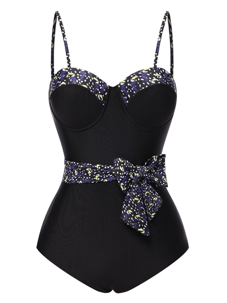 Costumi intero con fiocco e pois spalline sottili nero anni '30