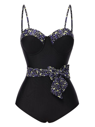 Costumi intero con fiocco e pois spalline sottili nero anni '30