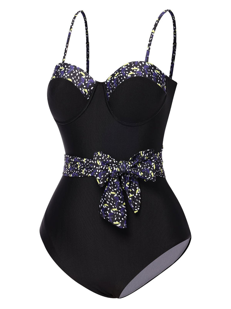 Costumi intero con fiocco e pois spalline sottili nero anni '30