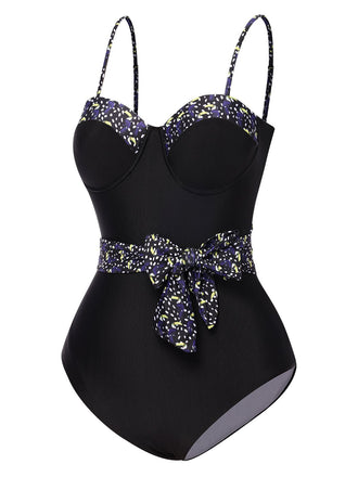 Costumi intero con fiocco e pois spalline sottili nero anni '30