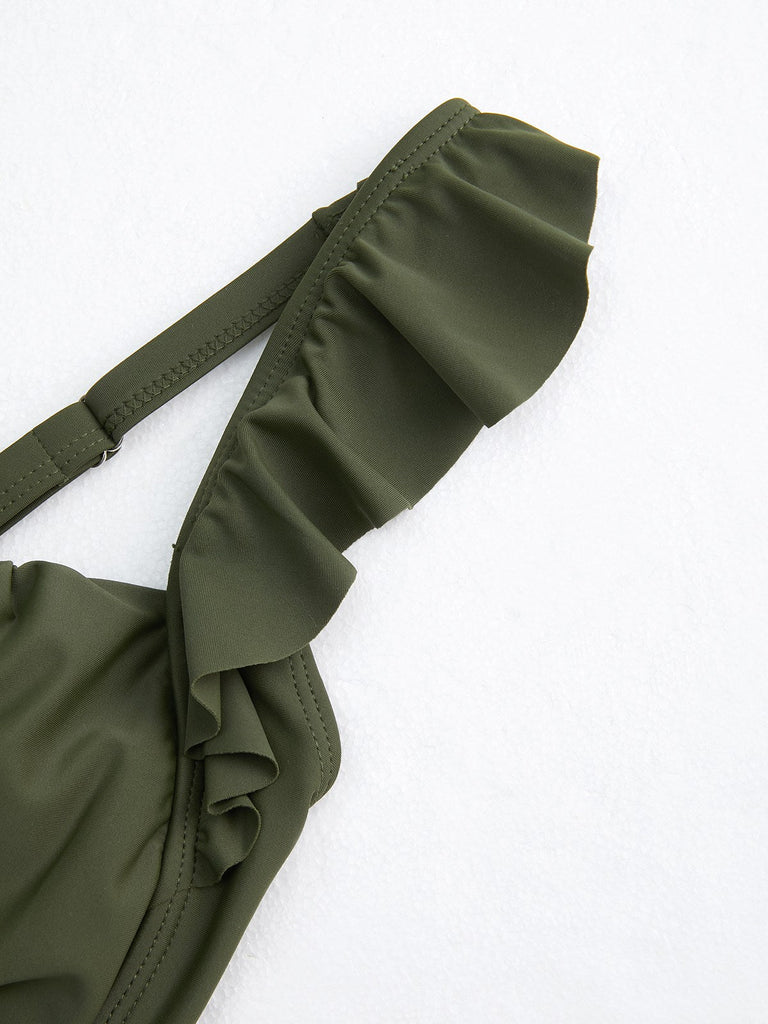 Costumi floreale plissettato con volant verde anni '50
