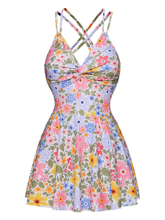 Costumi floreale con spalline incrociate multicolore anni '40