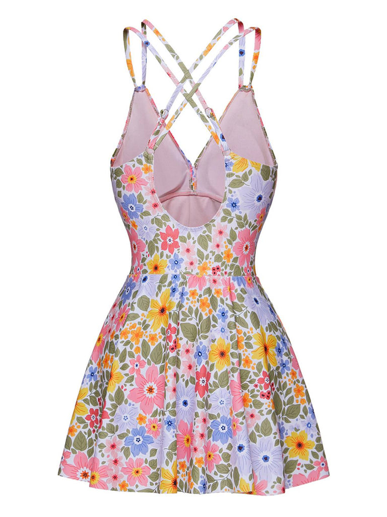 Costumi floreale con spalline incrociate multicolore anni '40