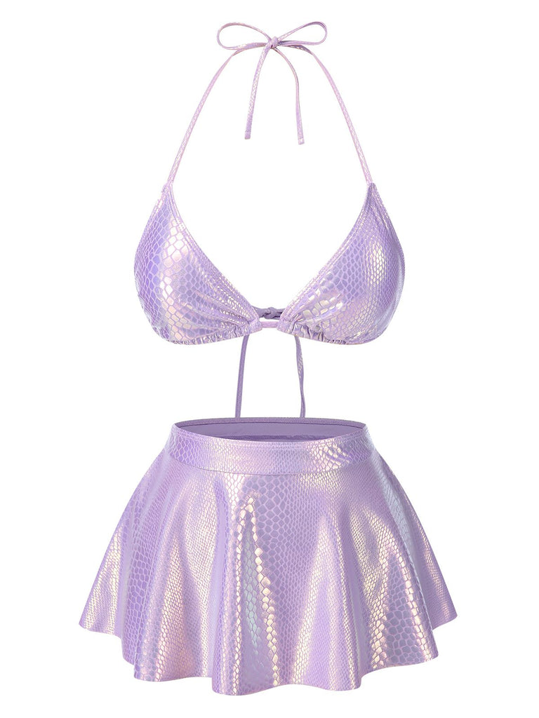 Set bikini a squame di pesce metallizzato lavanda anni '70