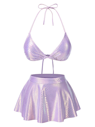 Set bikini a squame di pesce metallizzato lavanda anni '70
