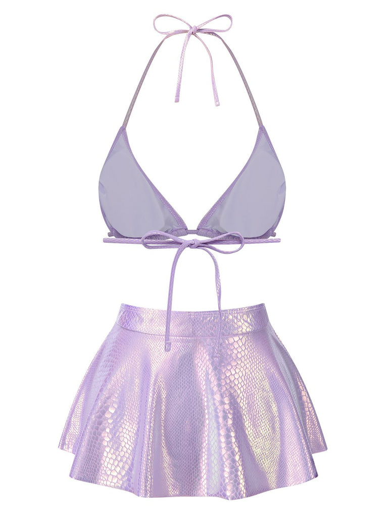 Set bikini a squame di pesce metallizzato lavanda anni '70