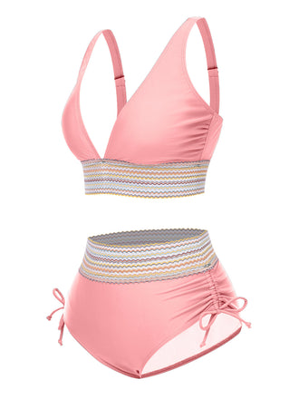 Set Bikini patchwork a vita alta scollo a V rosa anni '70