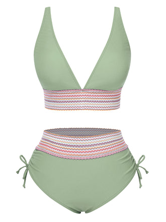 Set Bikini patchwork a vita alta scollo a V verde anni '70