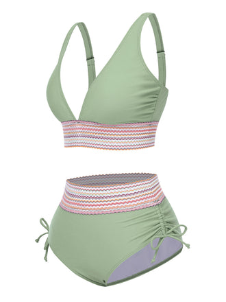 Set Bikini patchwork a vita alta scollo a V verde anni '70
