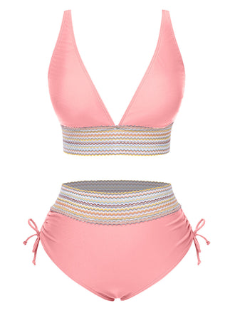 Set Bikini patchwork a vita alta scollo a V rosa anni '70