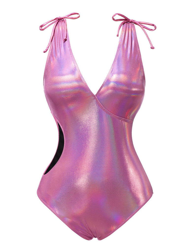 Costume da bagno lucido scollo a V profondo rosa anni '70