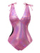 Costume da bagno lucido scollo a V profondo rosa anni '70