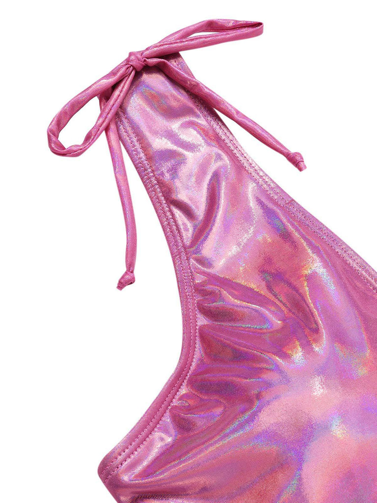 Costume da bagno lucido scollo a V profondo rosa anni '70