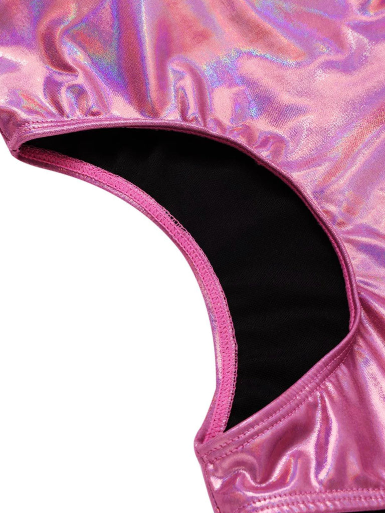 Costume da bagno lucido scollo a V profondo rosa anni '70