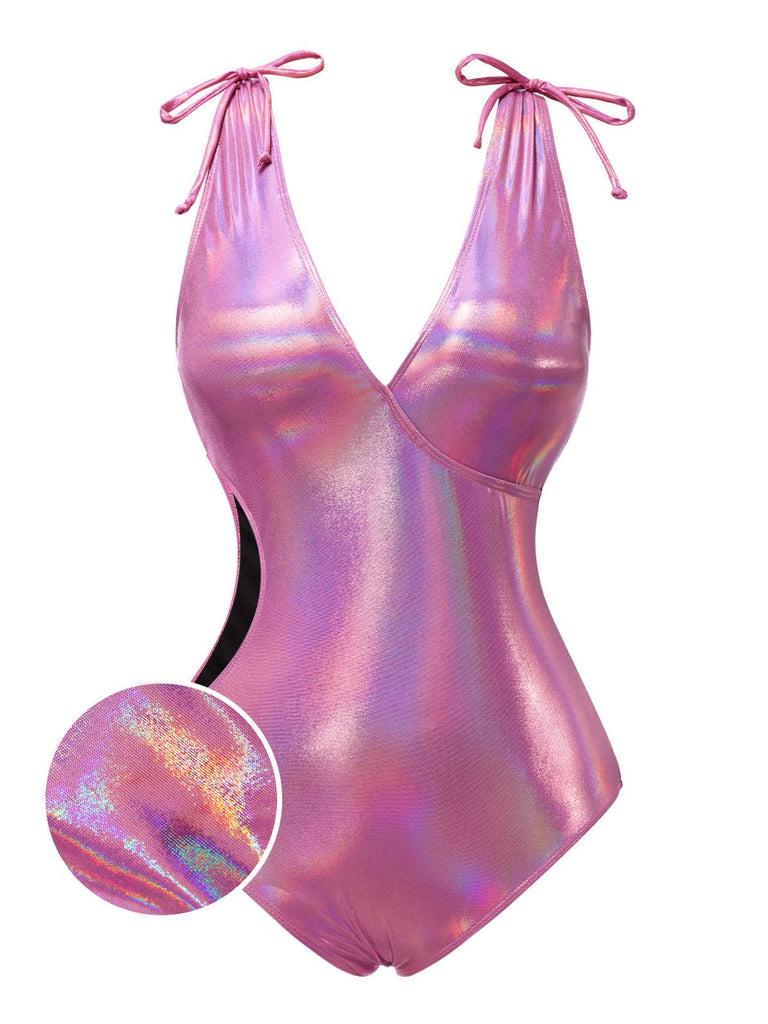 Costume da bagno lucido scollo a V profondo rosa anni '70