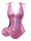 Costume da bagno lucido scollo a V profondo rosa anni '70