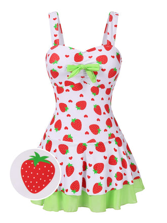 Abito da bagno fiocco di fragole rosso e verde anni '40