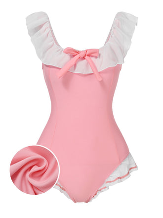 Costumi intero volant scollo quadrato fiocco rosa anni '50