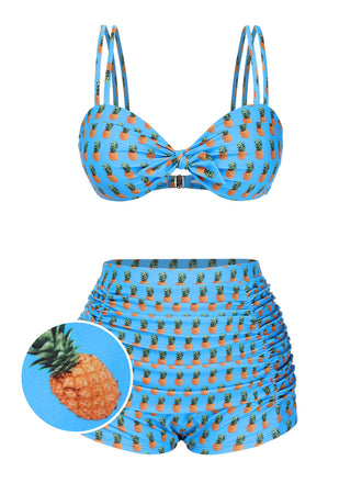 Costume da bagno cinturino a ananas fiocco blu anni '50