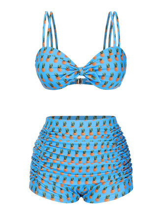 Costume da bagno cinturino a ananas fiocco blu anni '50