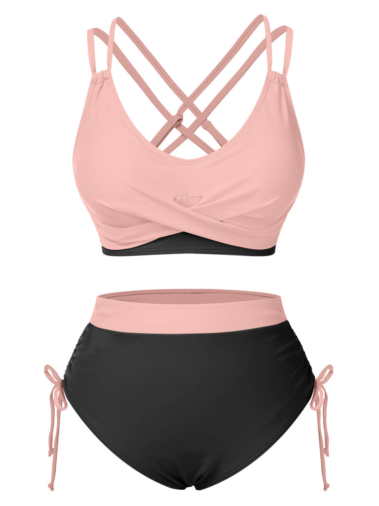 Set bikini patchwork con spalline sottili anni '50