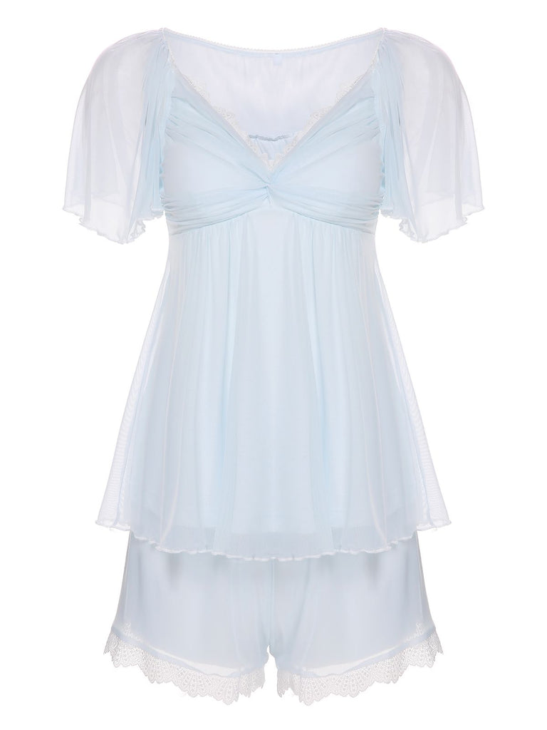 2PCS Pigiama in pizzo annodato azzurro chiaro anni '40