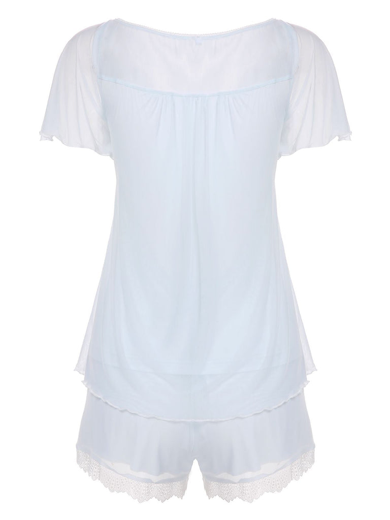 2PCS Pigiama in pizzo annodato azzurro chiaro anni '40