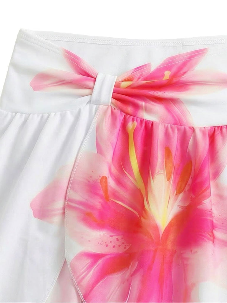 Bikini bianco anni '30 floreale di gigli con scollo all'americana in rete