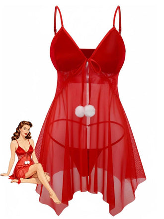 Completo intimo babydoll con pon pon rosso anni '70