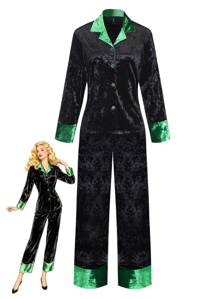 Pigiama in velluto scintillante con colletto a tacca verde e nero anni '60