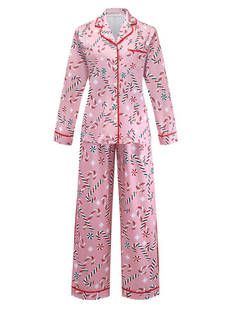 Pigiama lungo a bastoncino di zucchero natalizio rosa anni '40