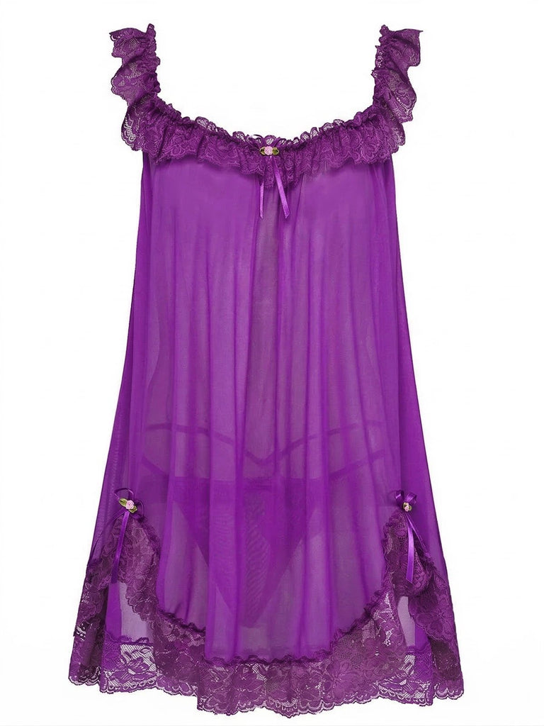 Camicia da notte babydoll in rete in pizzo con fiocco anni '50