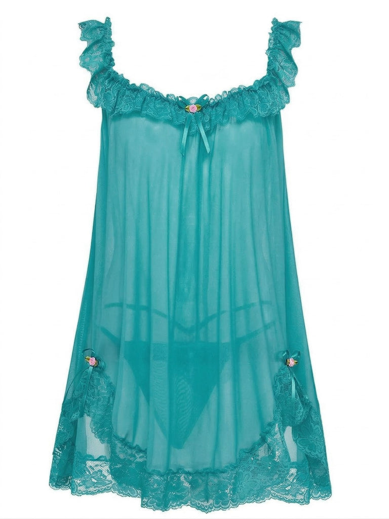 Camicia da notte babydoll in rete in pizzo con fiocco anni '50