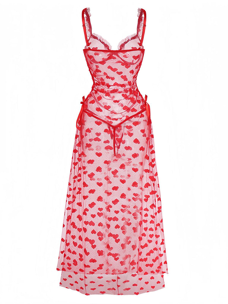 Camicia da notte a rete a cuore con spalline rosso anni '30