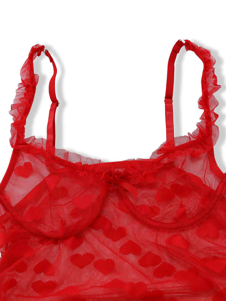 Camicia da notte a rete a cuore con spalline rosso anni '30