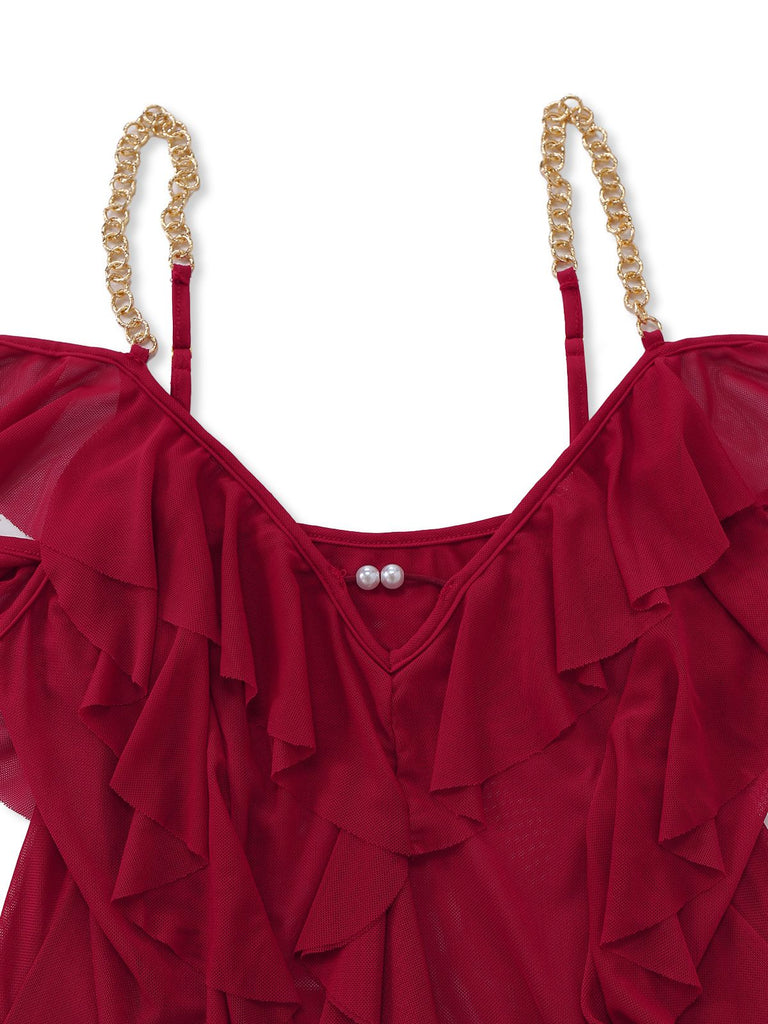 Camicia da notte in rete con spacco sulle spalle e volant anni '30