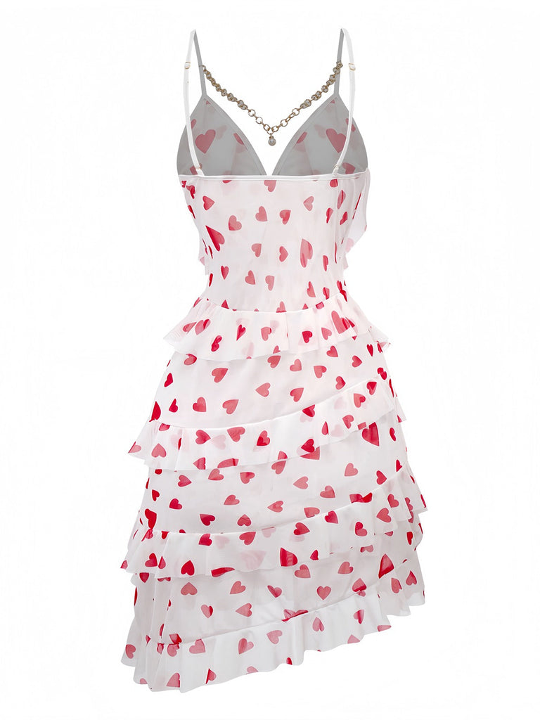 Camicia da notte in rete con volant a forma di cuore rossa anni '60