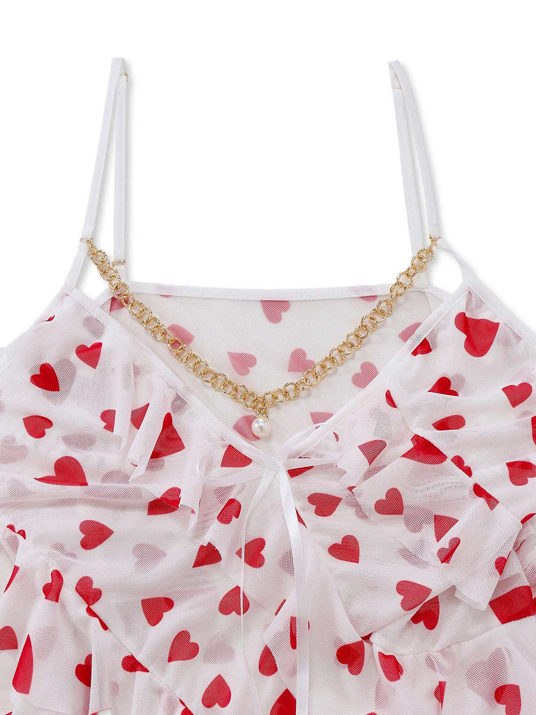 Camicia da notte in rete con volant a forma di cuore rossa anni '60