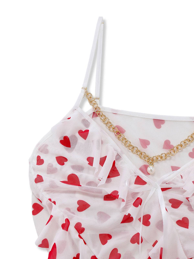 Camicia da notte in rete con volant a forma di cuore rossa anni '60