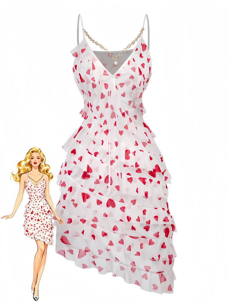 Camicia da notte in rete con volant a forma di cuore rossa anni '60