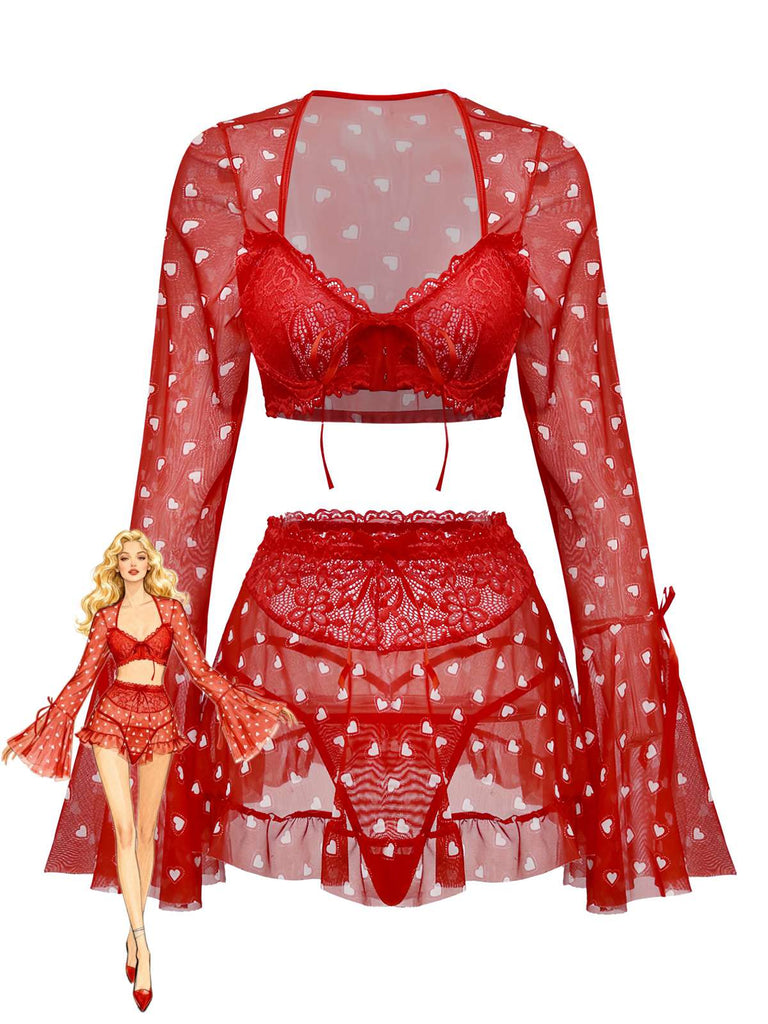 2PCS Pigiama con fiocco a cuore e volant San Valentino rosso anni '60