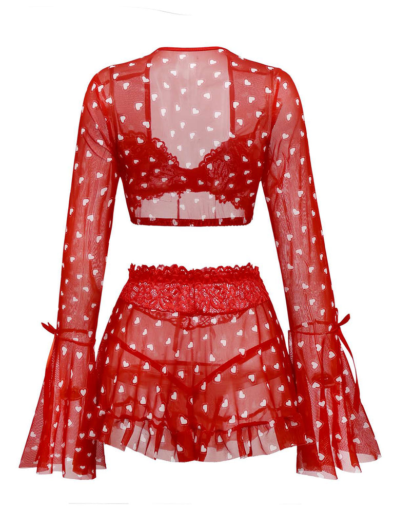 2PCS Pigiama con fiocco a cuore e volant San Valentino rosso anni '60