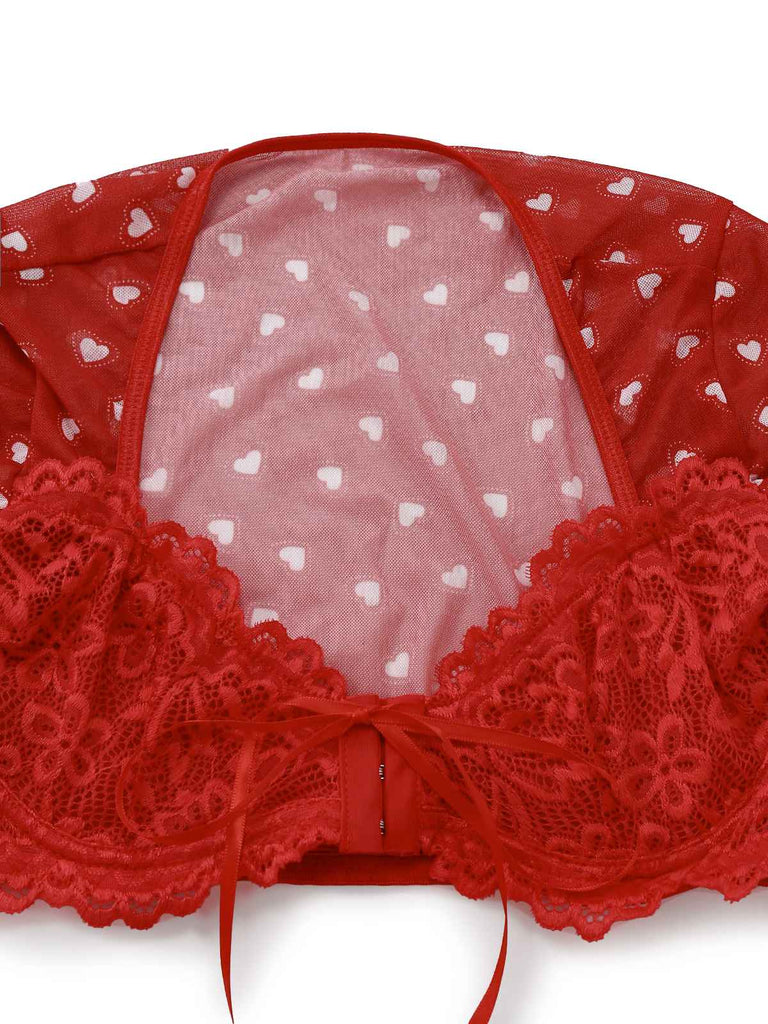2PCS Pigiama con fiocco a cuore e volant San Valentino rosso anni '60
