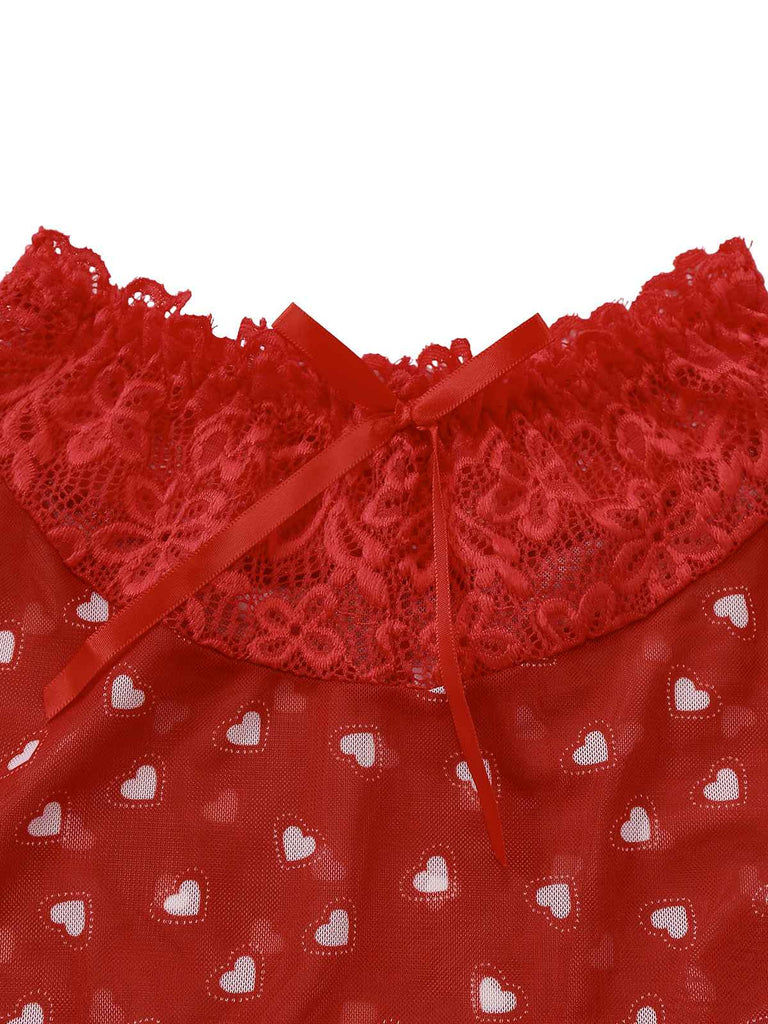 2PCS Pigiama con fiocco a cuore e volant San Valentino rosso anni '60