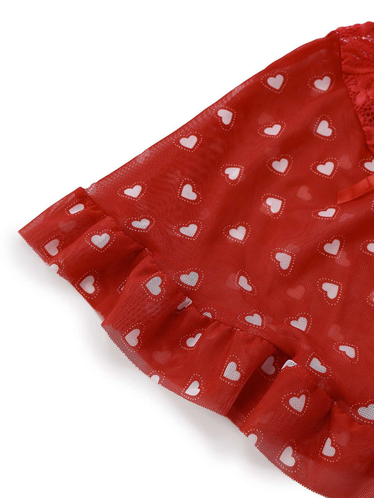 2PCS Pigiama con fiocco a cuore e volant San Valentino rosso anni '60